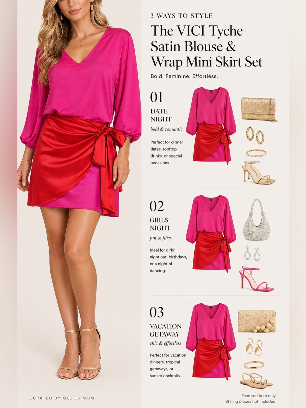 VICI Tyche Pink Satin Blouse XL and  Red/Pink Wrap Mini Skirt XL Bundle Set